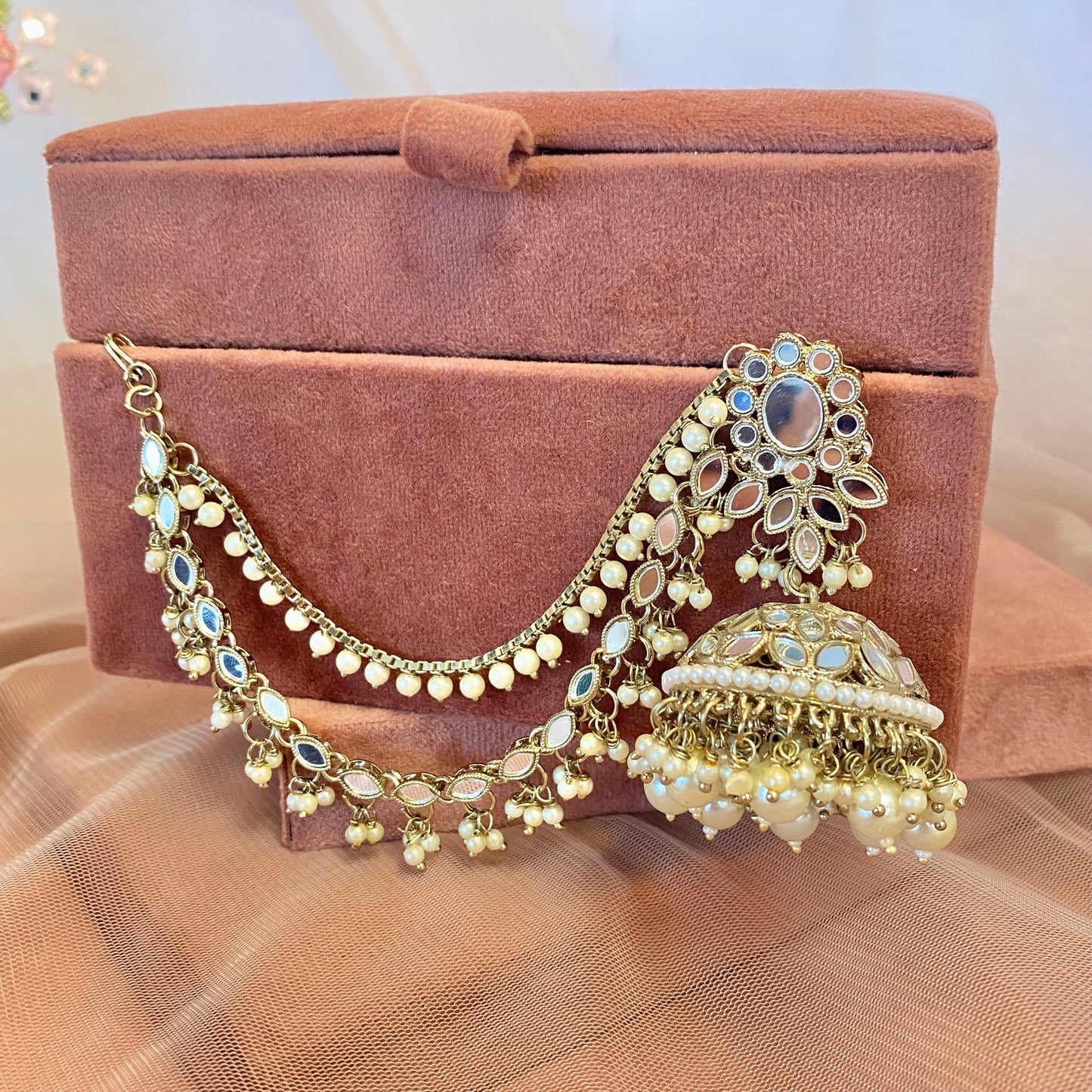 Silver Mirror Jhumka Earrings with Chain detail