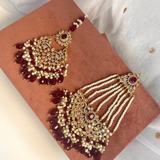 Maroon Pearl Jhumar and Tikka