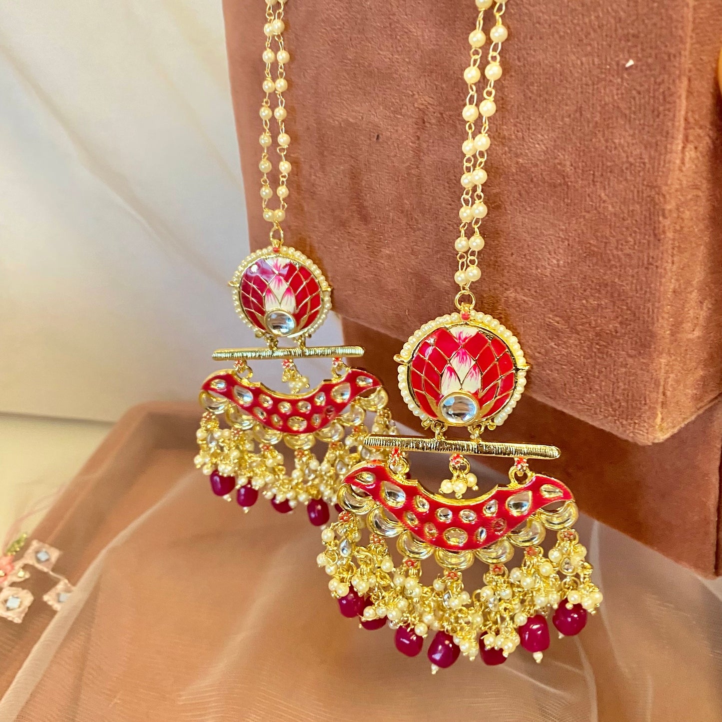 Red Meenakari/ Indian/ Pakistani Style/Golden Tassle Hand-Painted Earring