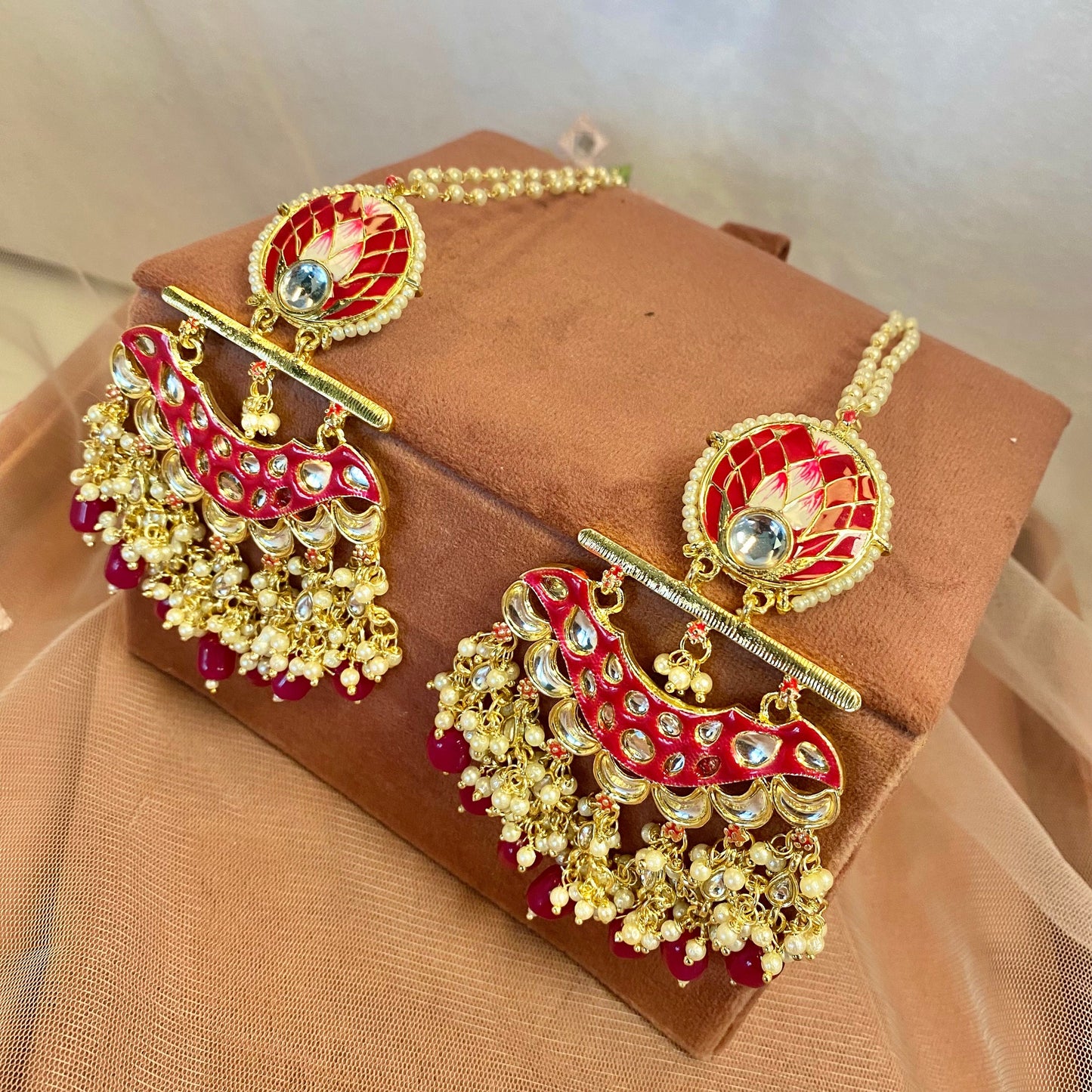Red Meenakari/ Indian/ Pakistani Style/Golden Tassle Hand-Painted Earring