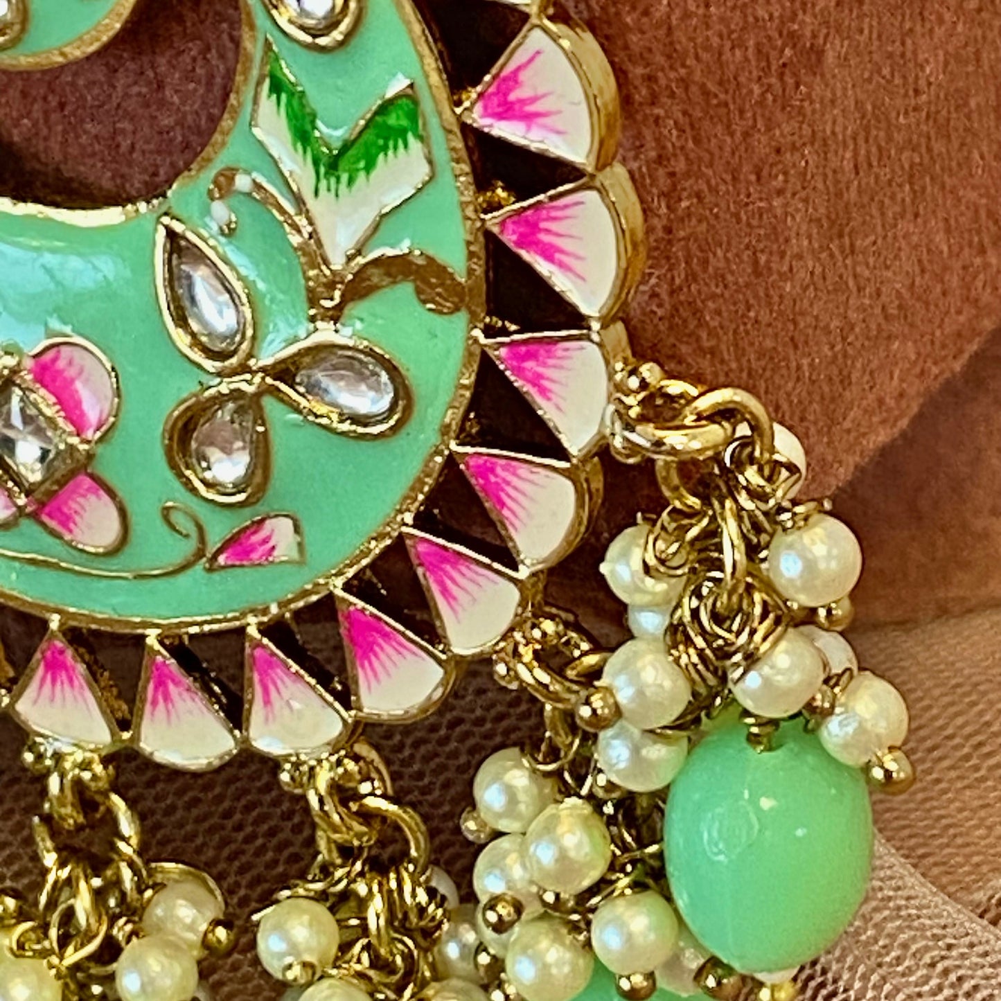 Meenakari/ Indian/ Pakistani Style/Mint and Pink Hand-Painted Earring