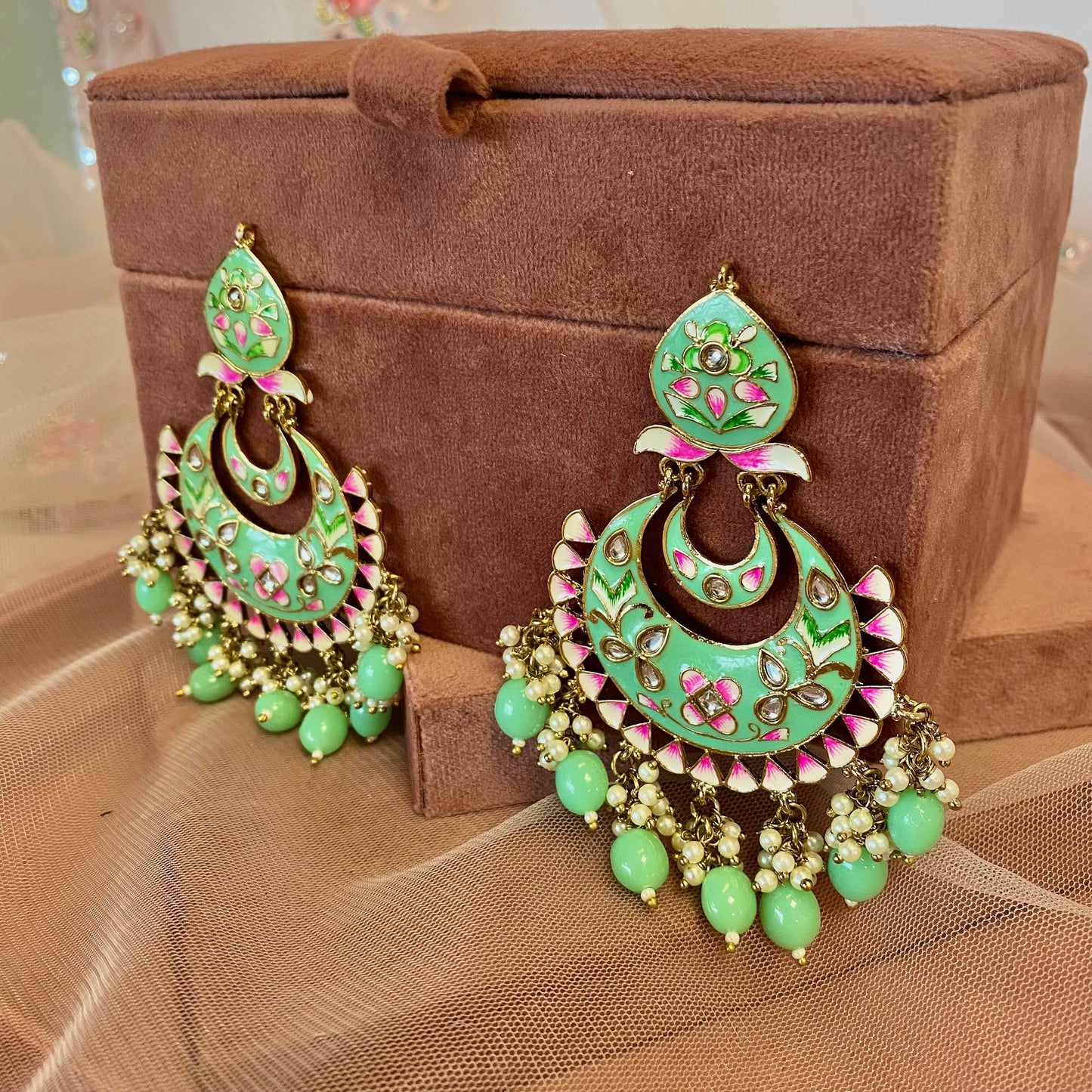 Meenakari/ Indian/ Pakistani Style/Mint and Pink Hand-Painted Earring