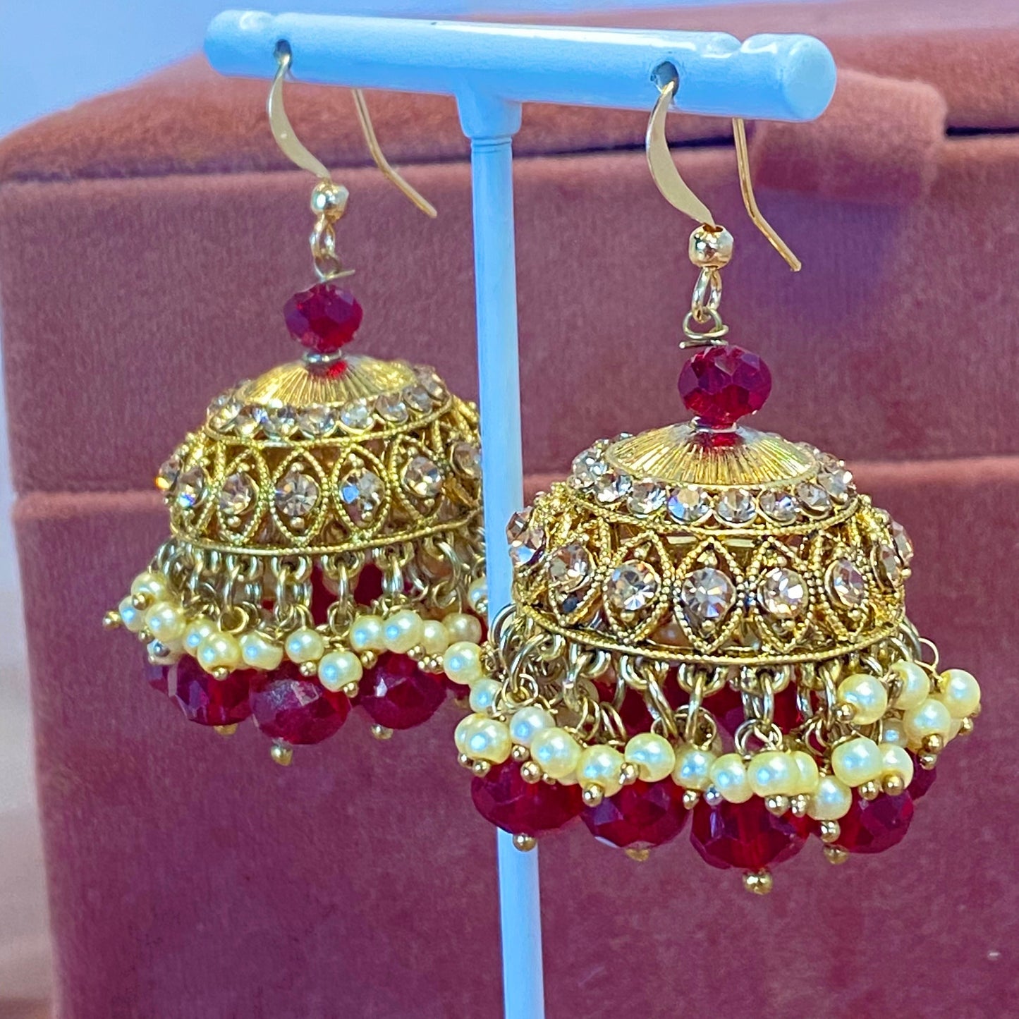 Medium Jhumka Earrings - Red (Glass Bead)/ Fashion Jewellery/ Gift for Women/Indian/Pakistani style
