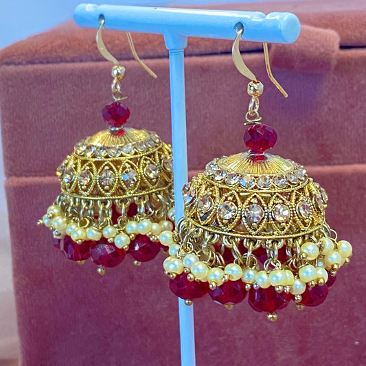 Medium Jhumka Earrings - Red (Glass Bead)/ Fashion Jewellery/ Gift for Women/Indian/Pakistani style