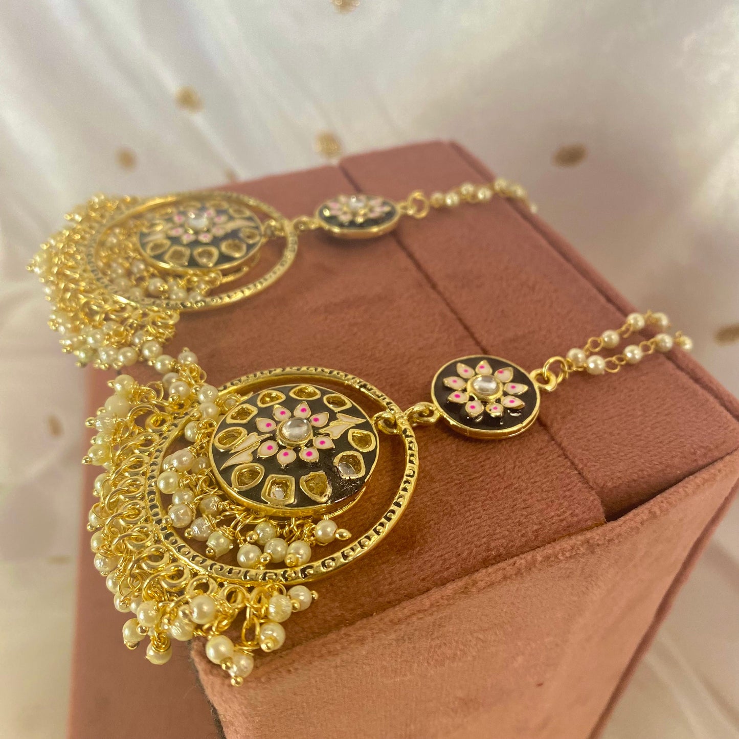 Meenakari/ Indian/ Pakistani Style/ Hand-Painted Earring (Black and Pink)