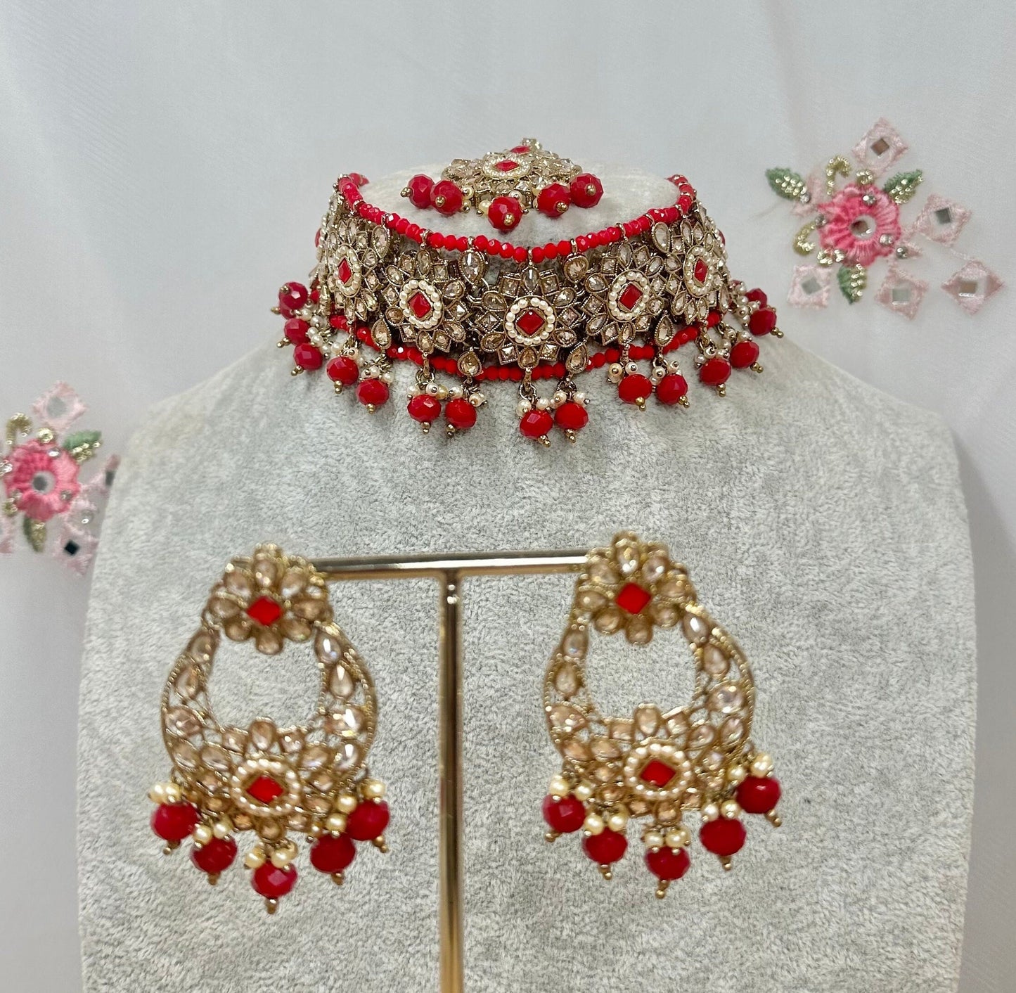 Crystal Choker Set - Red Earring/ Tikka/ Tikli/ Indian/ Pakistani/Fashion Jewellery/ Gift for Women