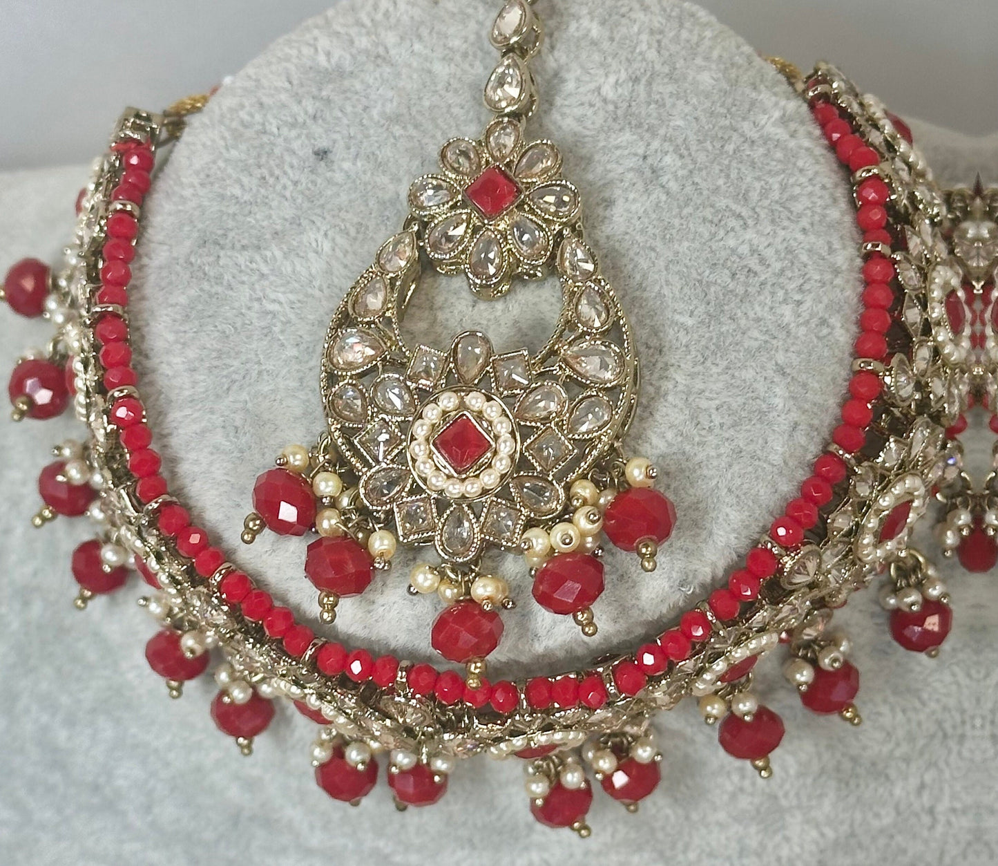 Crystal Choker Set - Red Earring/ Tikka/ Tikli/ Indian/ Pakistani/Fashion Jewellery/ Gift for Women