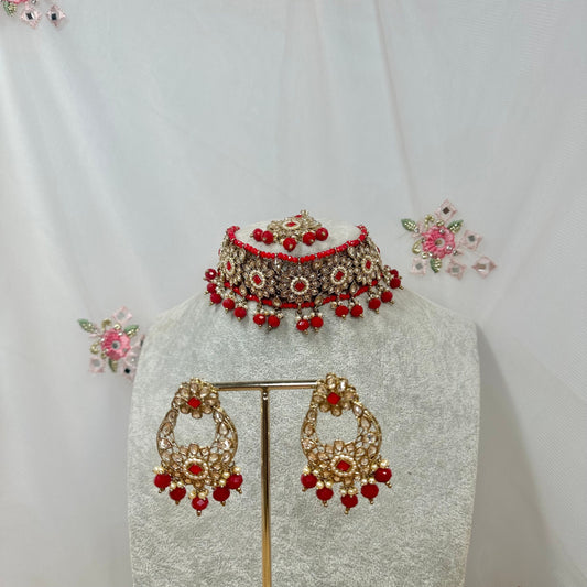 Crystal Choker Set - Red Earring/ Tikka/ Tikli/ Indian/ Pakistani/Fashion Jewellery/ Gift for Women