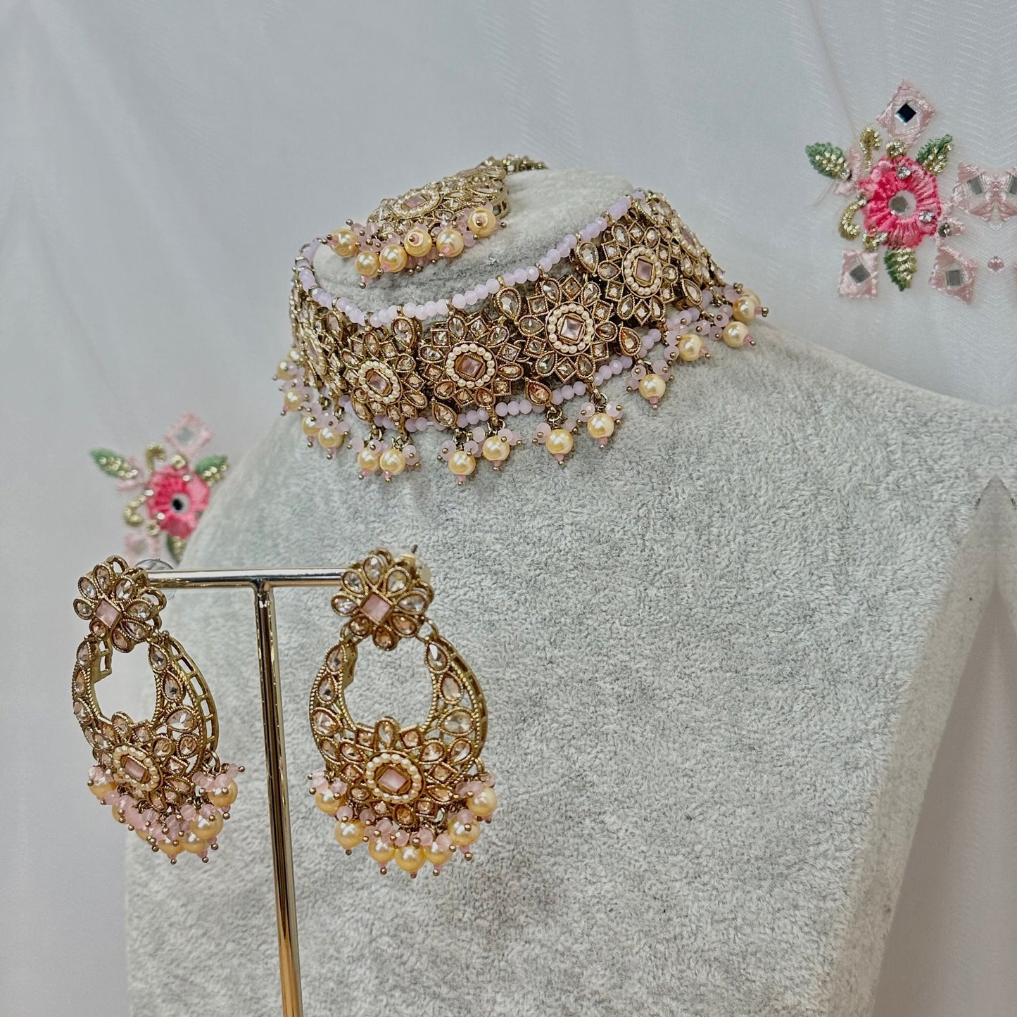 Crystal Choker Set - Light Pink Earring/ Tikka/ Tikli/ Indian/ Pakistani/Fashion Jewellery/ Gift for Women