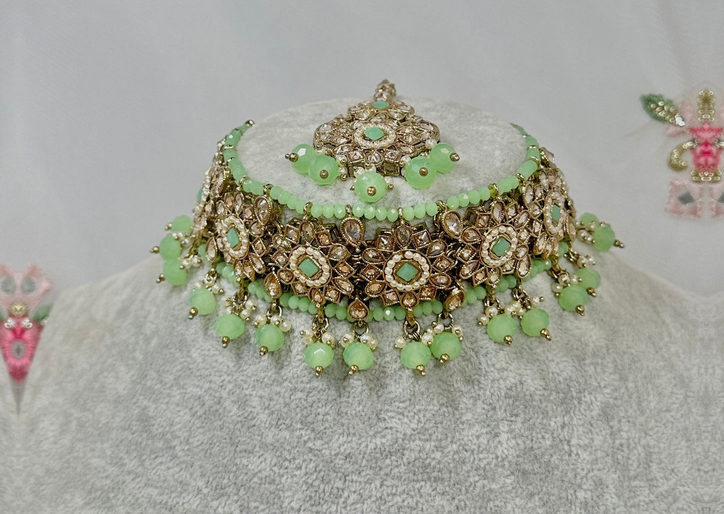 Crystal Choker Set - Mint Earring/ Tikka/ Tikli/ Indian/ Pakistani/Fashion Jewellery/ Gift for Women