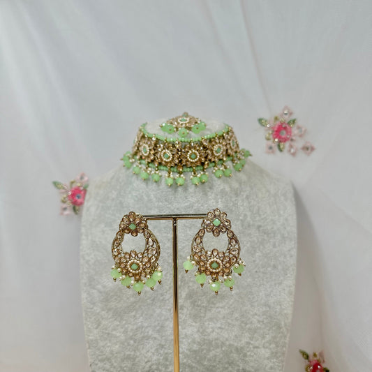 Crystal Choker Set - Mint Earring/ Tikka/ Tikli/ Indian/ Pakistani/Fashion Jewellery/ Gift for Women