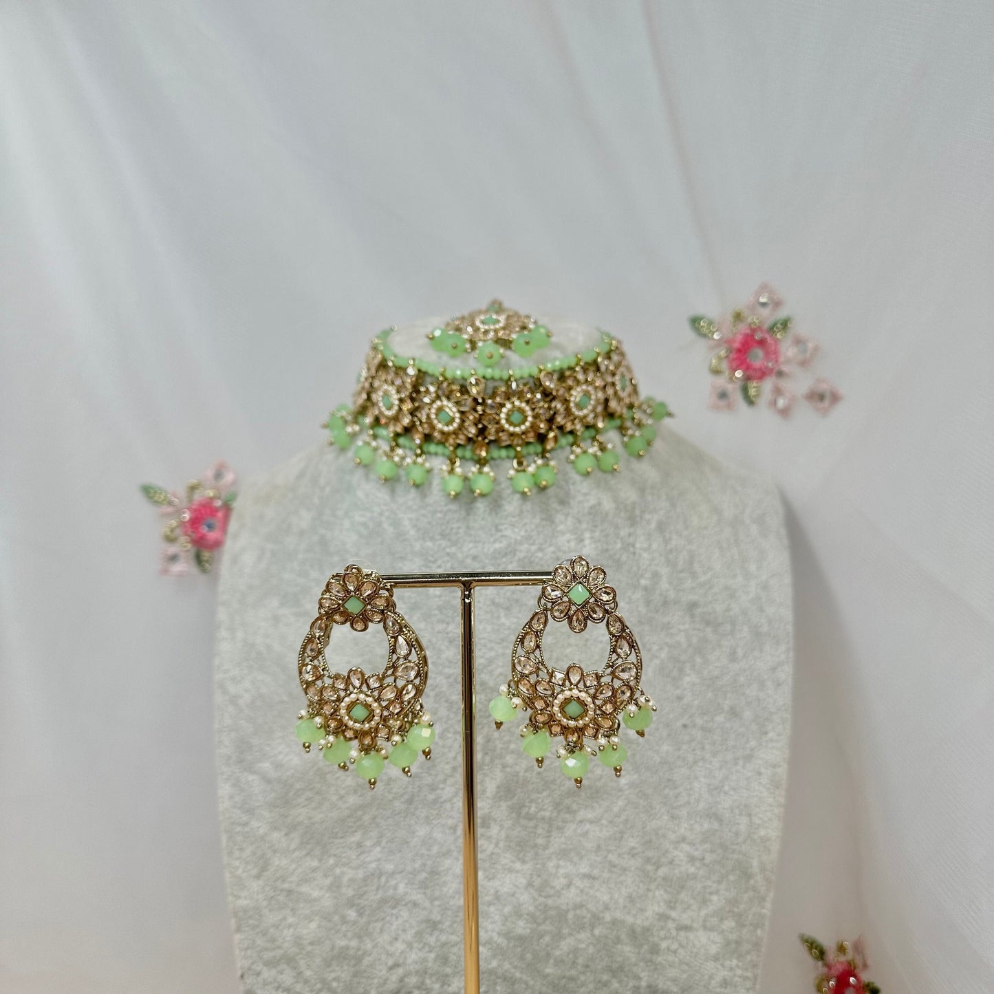 Crystal Choker Set - Mint Earring/ Tikka/ Tikli/ Indian/ Pakistani/Fashion Jewellery/ Gift for Women