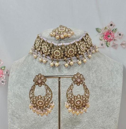Crystal Choker Set - Light Pink Earring/ Tikka/ Tikli/ Indian/ Pakistani/Fashion Jewellery/ Gift for Women