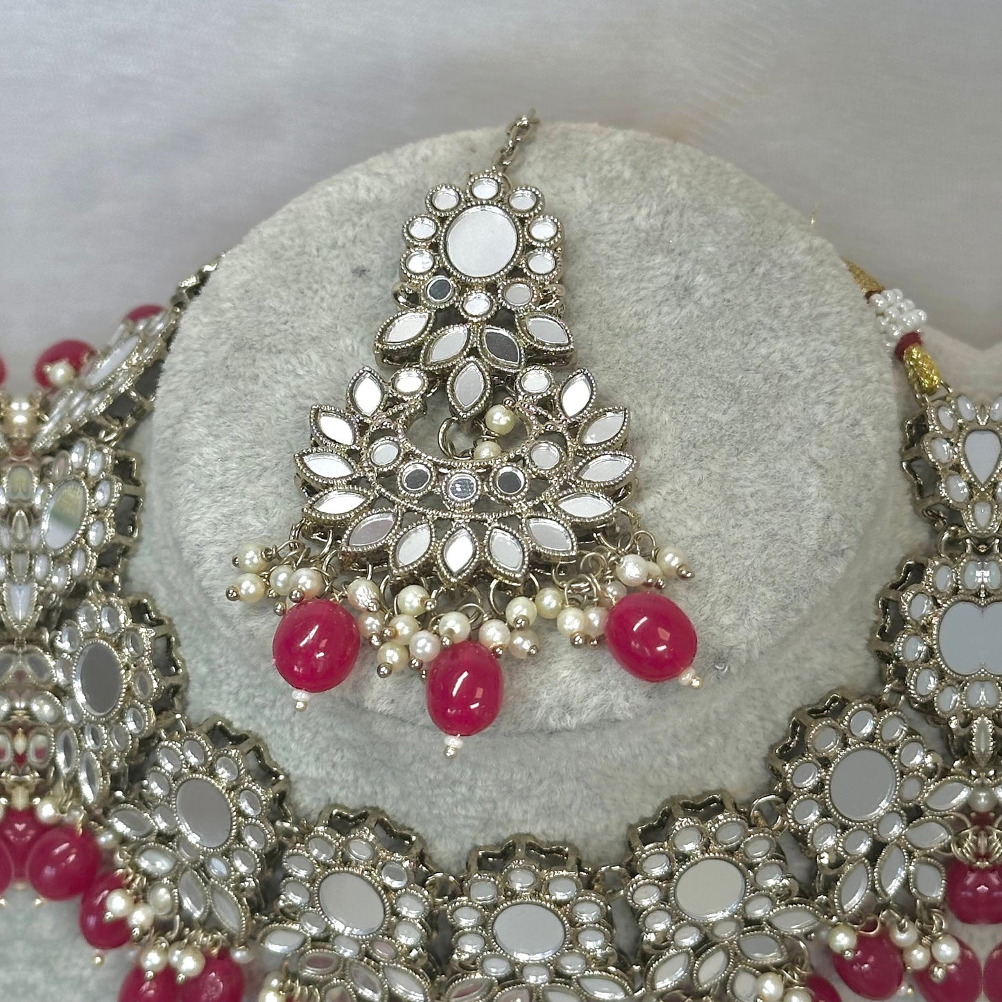 Mirror Necklace Set - Ruby Earring/ Tikka/ Tikli/ Indian/ Pakistani/Fashion Jewellery/ Gift for Women