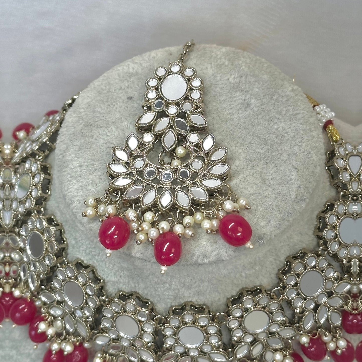 Mirror Necklace Set - Ruby Earring/ Tikka/ Tikli/ Indian/ Pakistani/Fashion Jewellery/ Gift for Women
