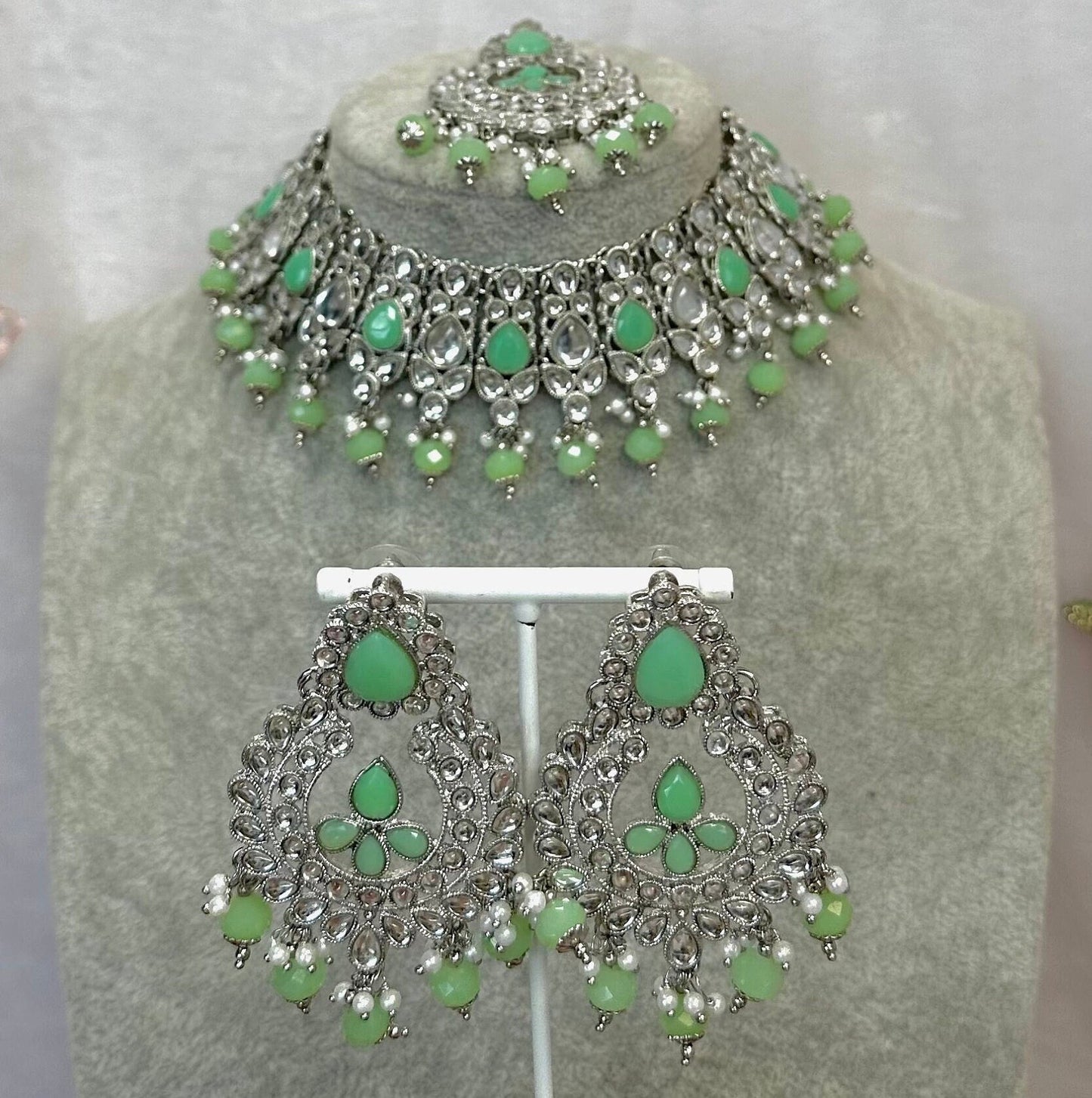 Mirror Necklace Set - Ruby Earring/ Tikka/ Tikli/ Indian/ Pakistani/Fashion Jewellery/ Gift for Women