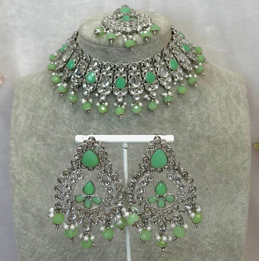 Mirror Necklace Set - Ruby Earring/ Tikka/ Tikli/ Indian/ Pakistani/Fashion Jewellery/ Gift for Women