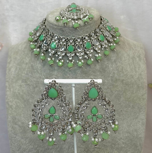 Mirror Necklace Set - Ruby Earring/ Tikka/ Tikli/ Indian/ Pakistani/Fashion Jewellery/ Gift for Women