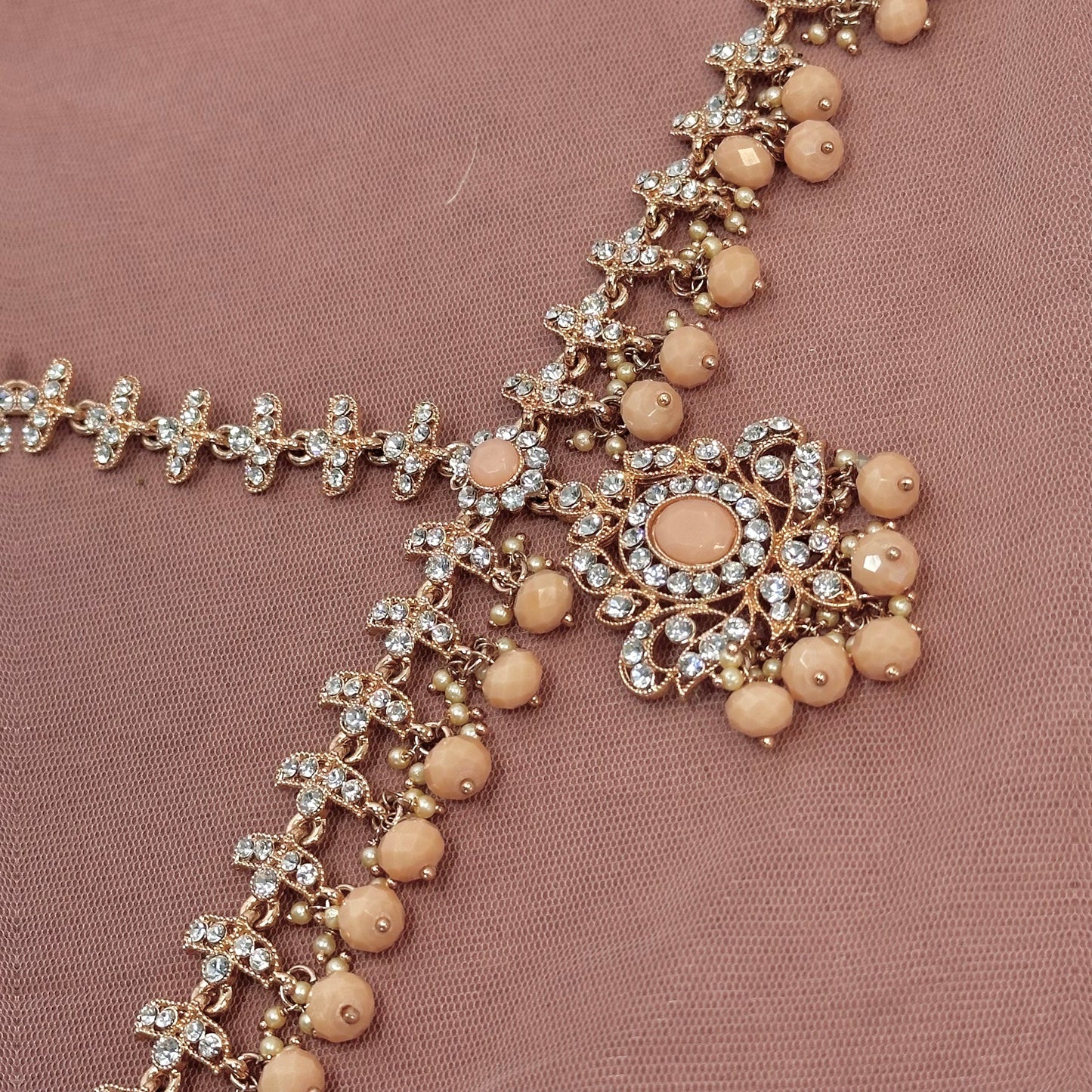 Full Bridal Set - Peach Indian/ Pakistani Style With Choker, Necklace, Earring/Mala/ Long Necklace/ Haar/ Jhumar/ Jhoomar/Wedding