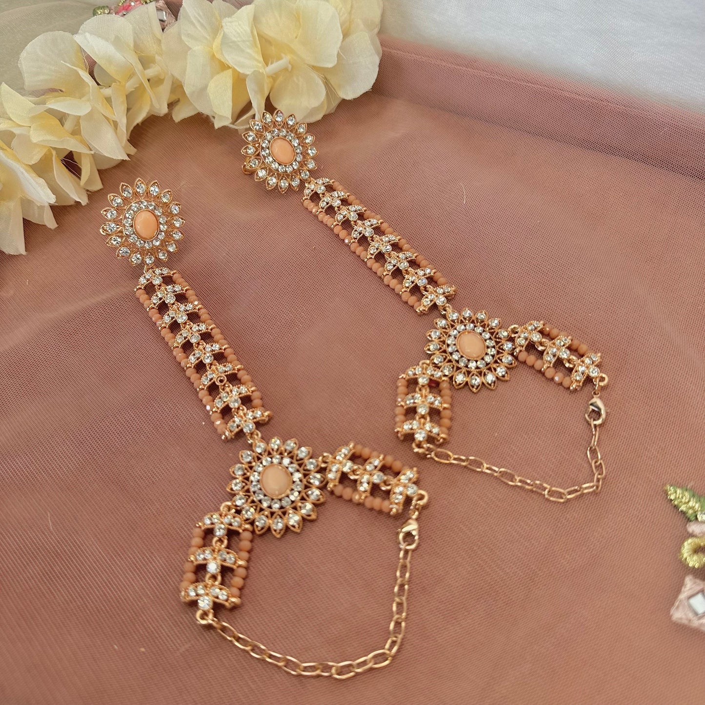 Full Bridal Set - Peach Indian/ Pakistani Style With Choker, Necklace, Earring/Mala/ Long Necklace/ Haar/ Jhumar/ Jhoomar/Wedding