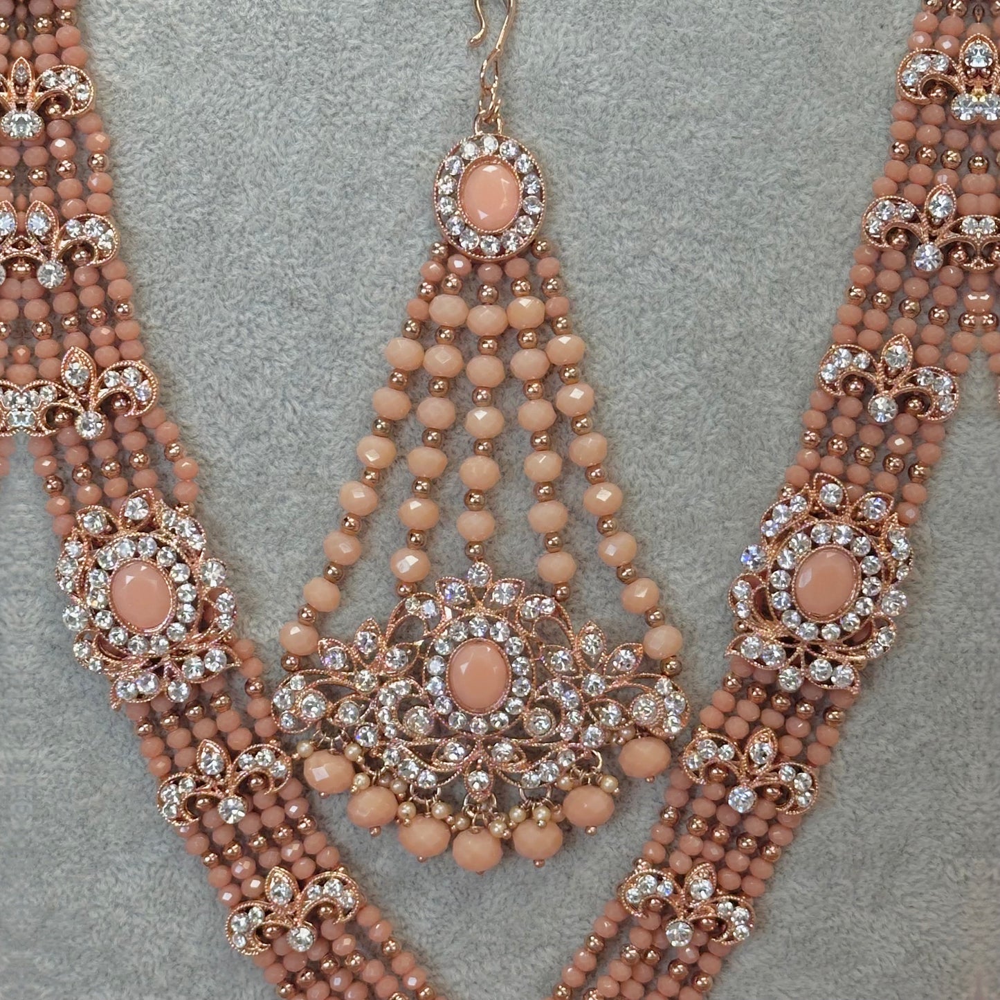 Full Bridal Set - Peach Indian/ Pakistani Style With Choker, Necklace, Earring/Mala/ Long Necklace/ Haar/ Jhumar/ Jhoomar/Wedding