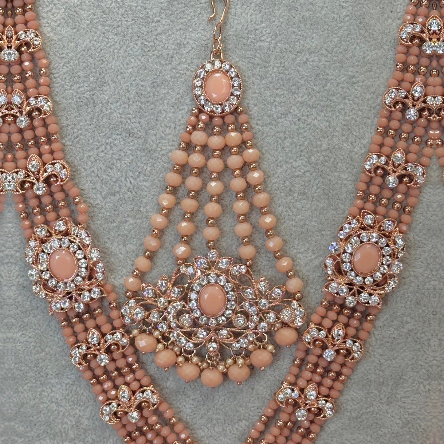 Full Bridal Set - Peach Indian/ Pakistani Style With Choker, Necklace, Earring/Mala/ Long Necklace/ Haar/ Jhumar/ Jhoomar/Wedding