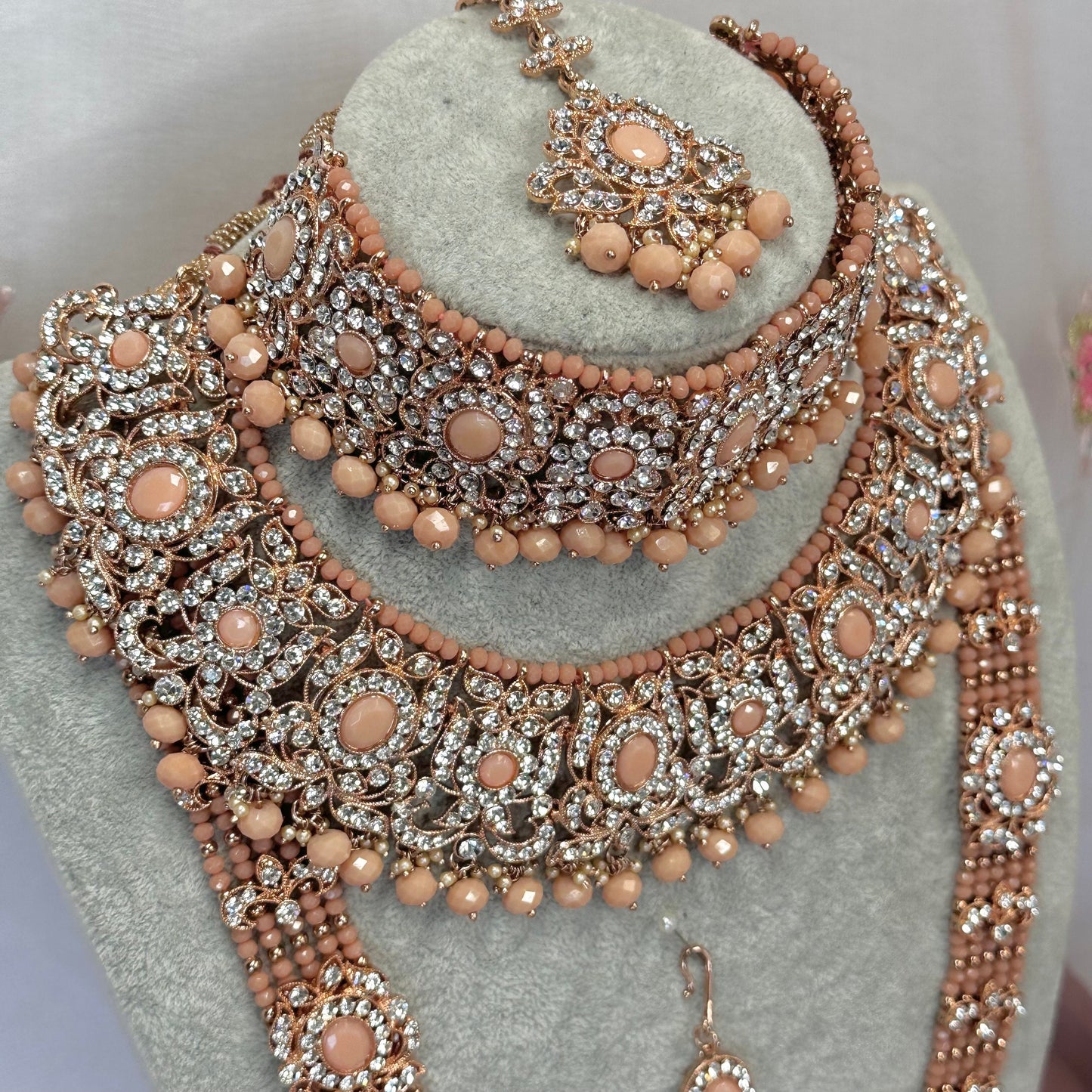 Full Bridal Set - Peach Indian/ Pakistani Style With Choker, Necklace, Earring/Mala/ Long Necklace/ Haar/ Jhumar/ Jhoomar/Wedding