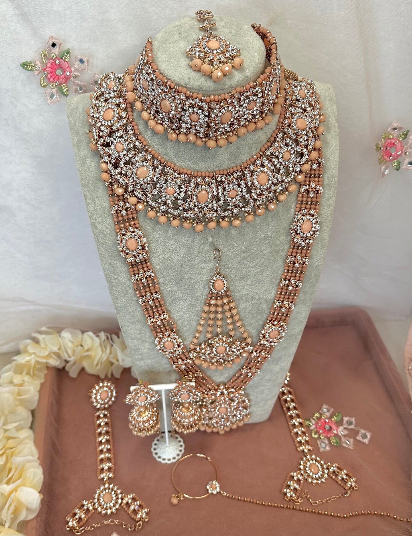 Full Bridal Set - Peach Indian/ Pakistani Style With Choker, Necklace, Earring/Mala/ Long Necklace/ Haar/ Jhumar/ Jhoomar/Wedding