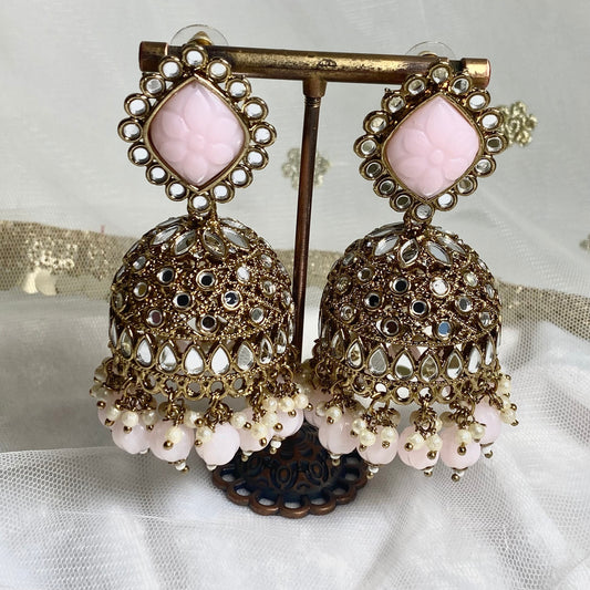 Pink Large Mirror Jhumka Earrings