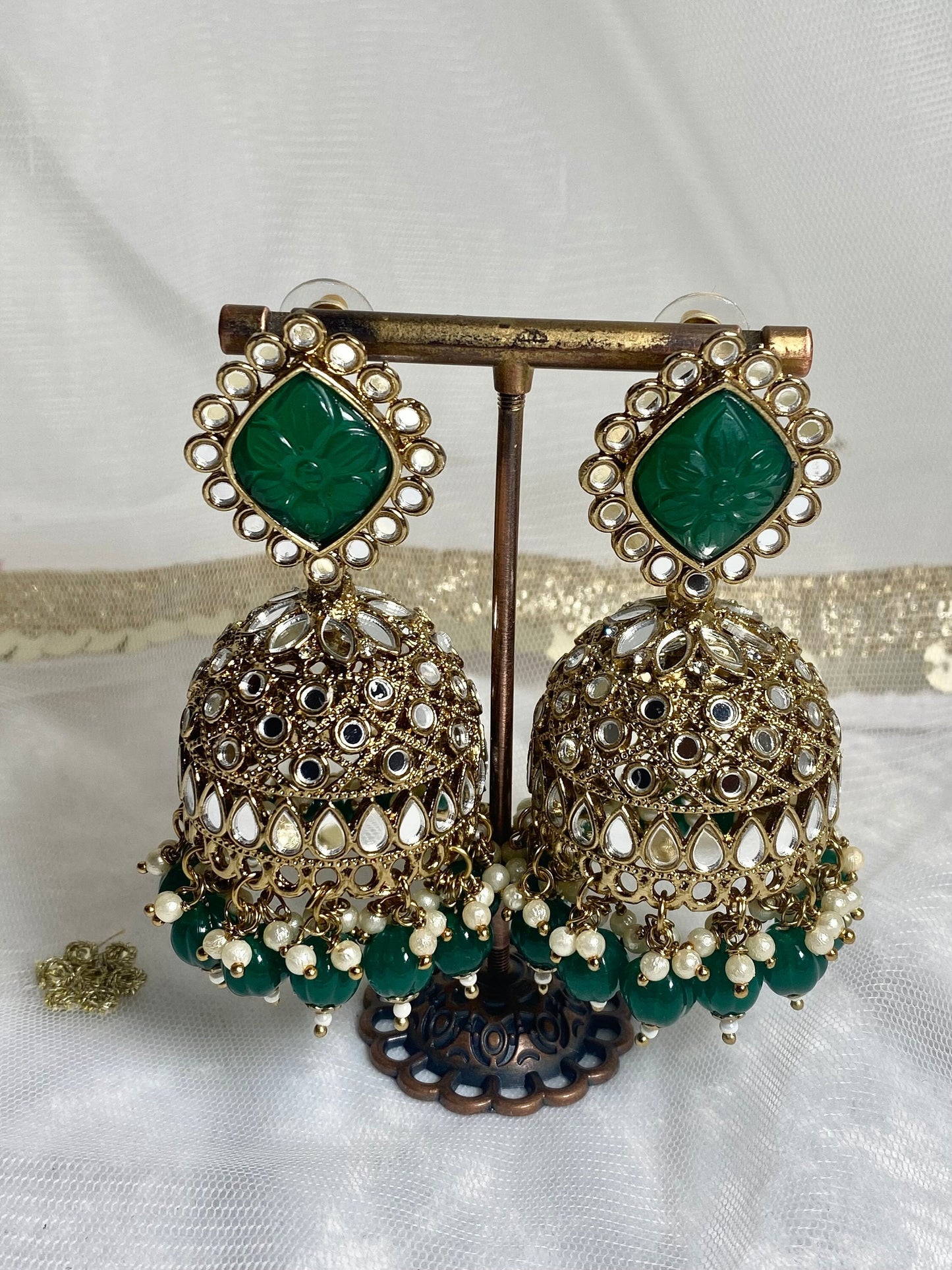 Green Large Mirror Jhumka Earrings