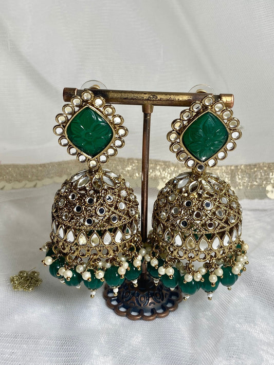 Green Large Mirror Jhumka Earrings