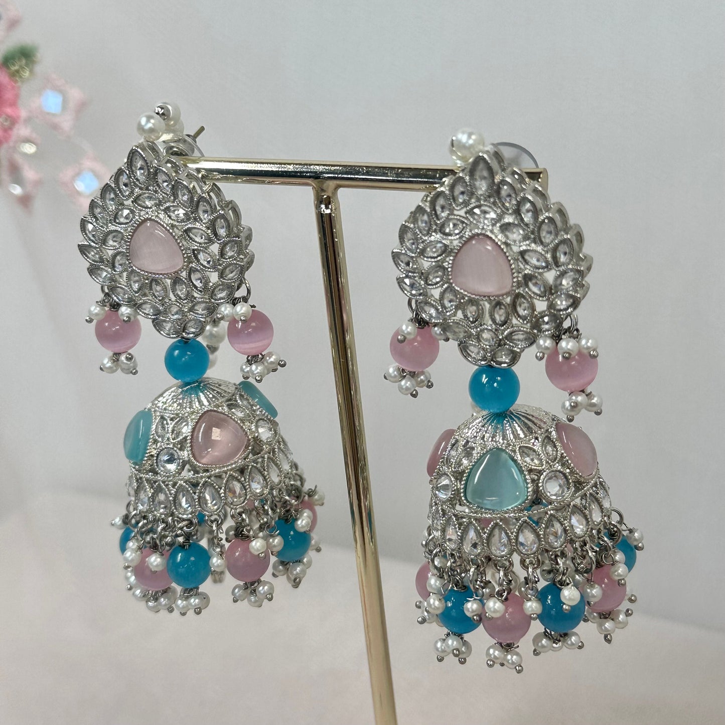 Silver Jhumka Earrings - Pink/Blue/ Fashion Jewellery/ Gift for Women/Indian/Pakistani style