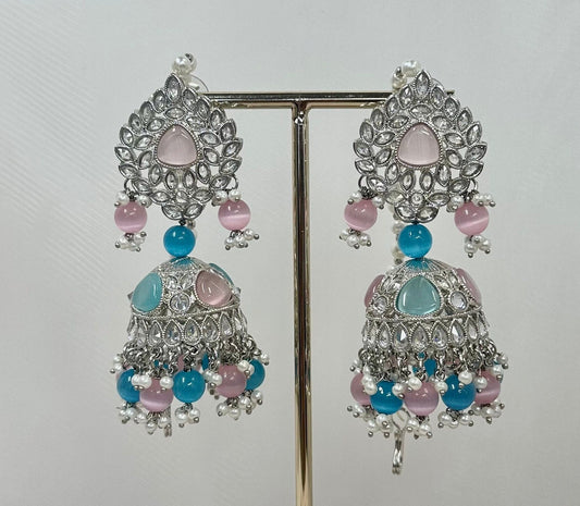 Silver Jhumka Earrings - Pink/Blue/ Fashion Jewellery/ Gift for Women/Indian/Pakistani style