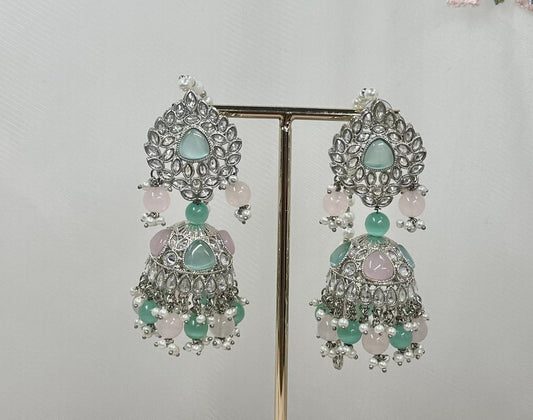 Silver Jhumka Earrings - Mint/Pink/ Indian Style Earring