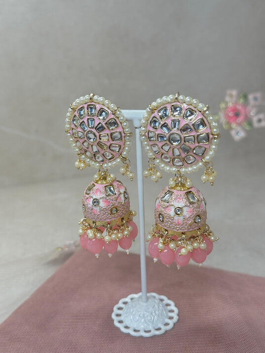 Meenakari/ Indian/ Pakistani Style/Painted Jhumka Earrings - Pink
