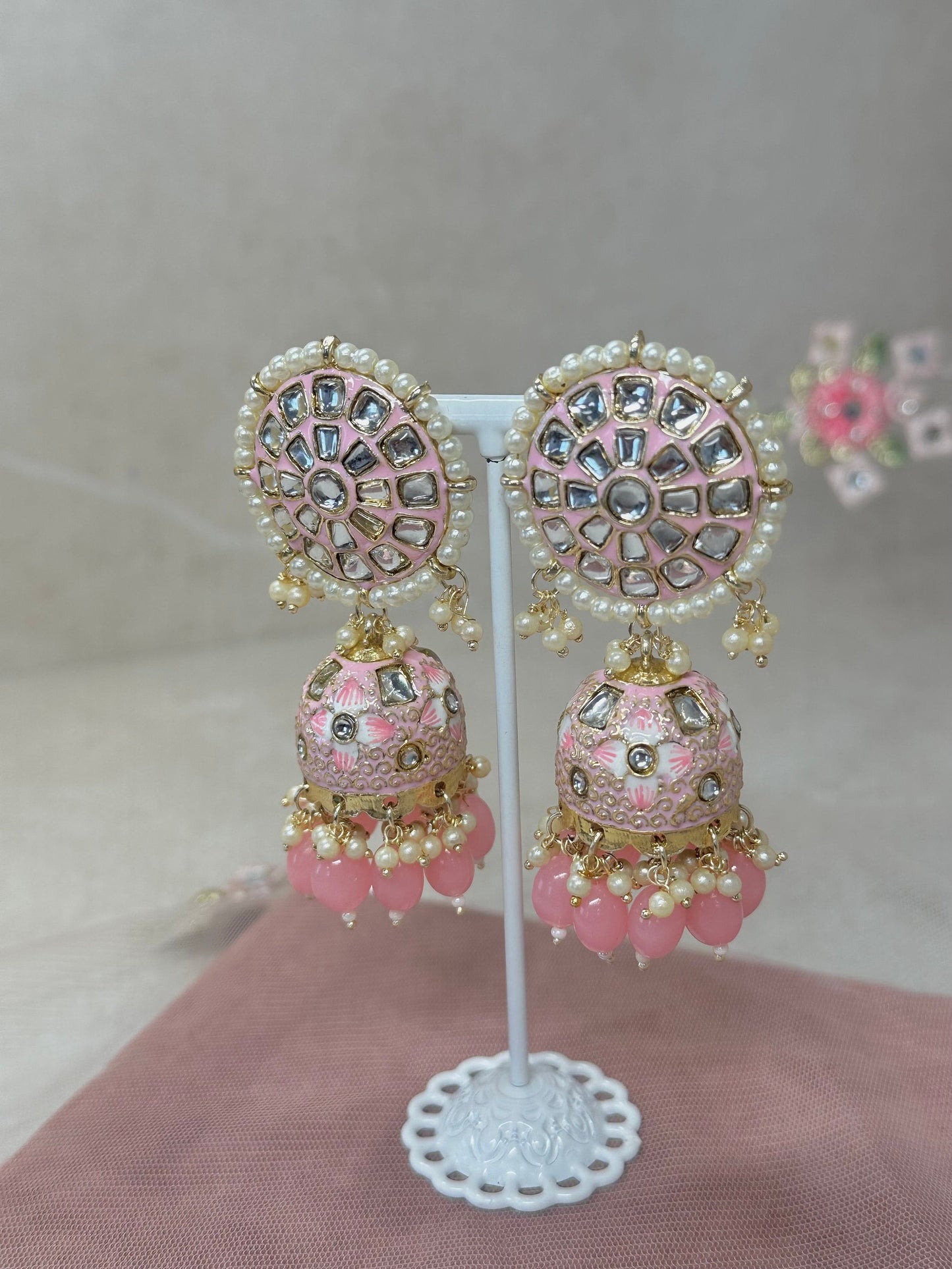 Meenakari/ Indian/ Pakistani Style/Painted Jhumka Earrings - Pink