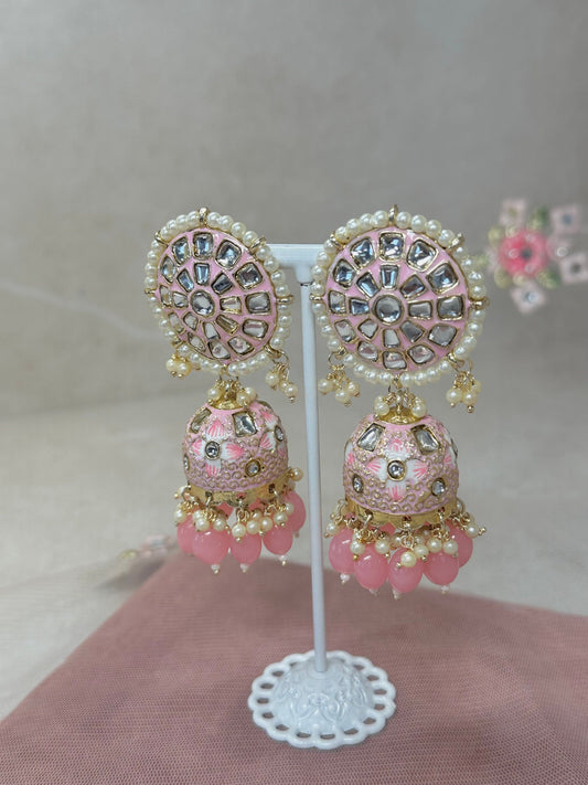 Meenakari/ Indian/ Pakistani Style/Painted Jhumka Earrings - Pink