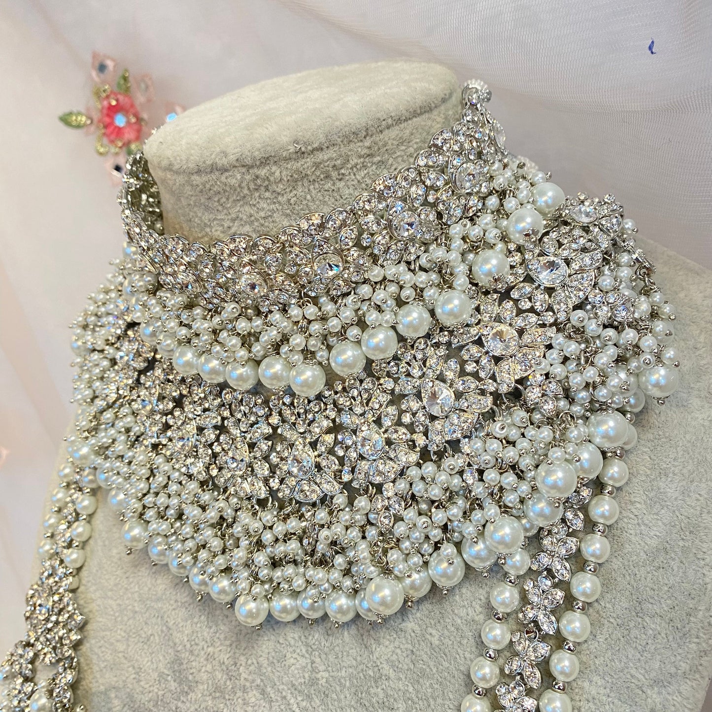 Silver Sparkly Double Necklace Bridal set