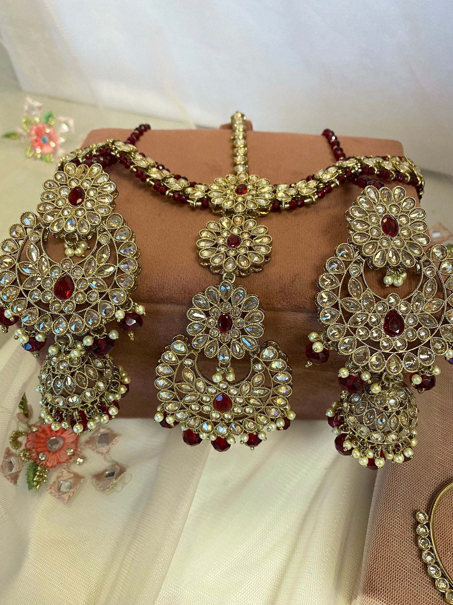 Maroon and Champagne Full Bridal Set (Mathapatti)  Indian/ Pakistani Style/ Wedding/ Fashion Jewellery/ Necklace set