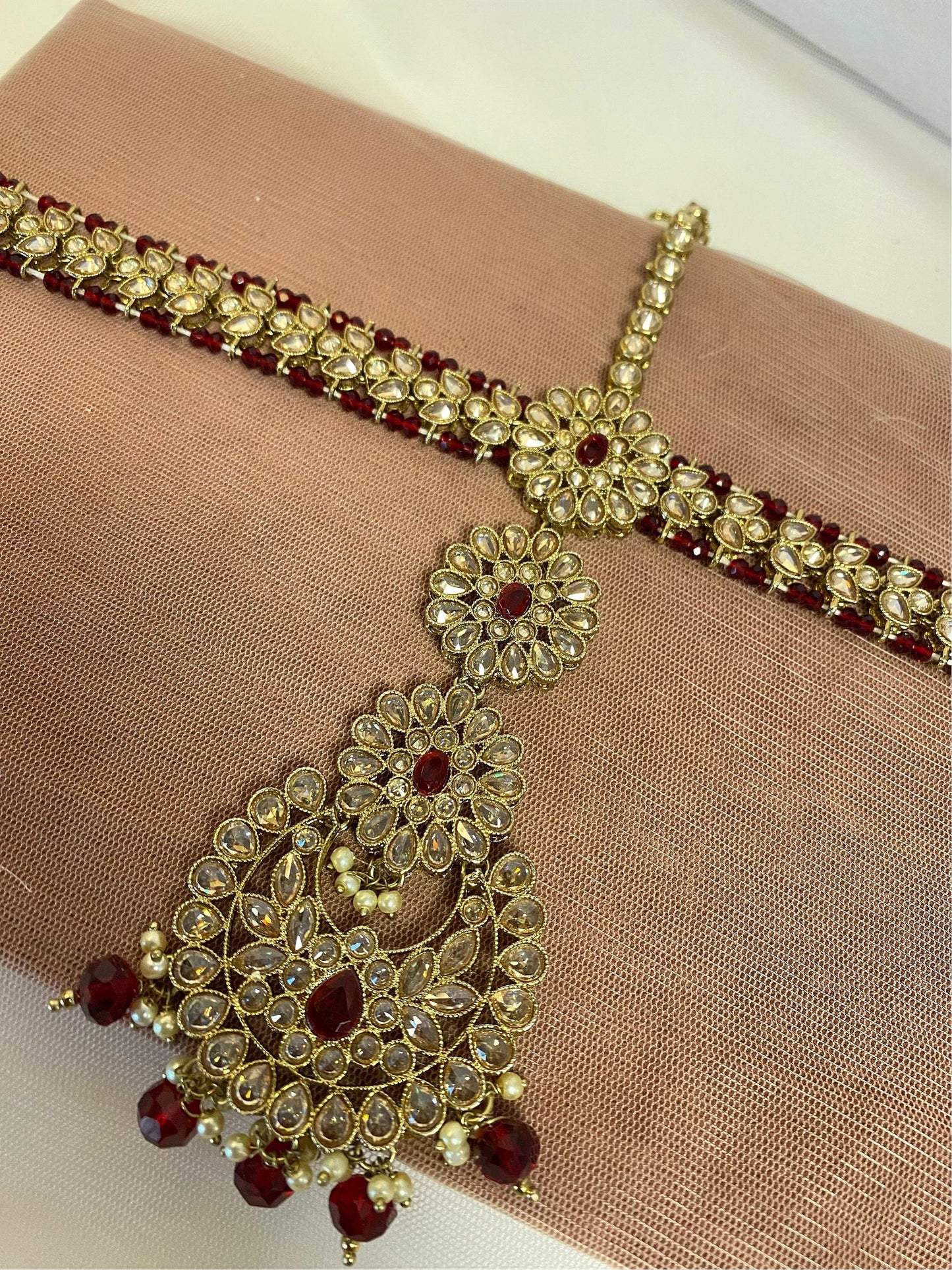 Maroon and Champagne Full Bridal Set (Mathapatti)  Indian/ Pakistani Style/ Wedding/ Fashion Jewellery/ Necklace set