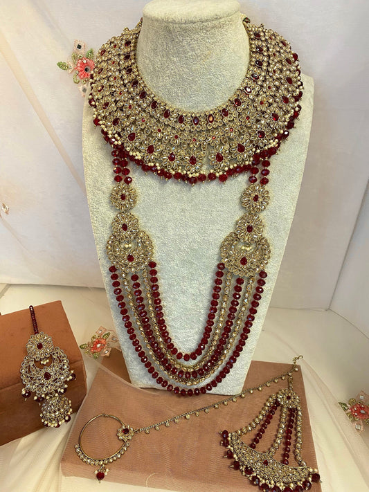 Maroon and Champagne Full Bridal Set (Mathapatti)  Indian/ Pakistani Style/ Wedding/ Fashion Jewellery/ Necklace set