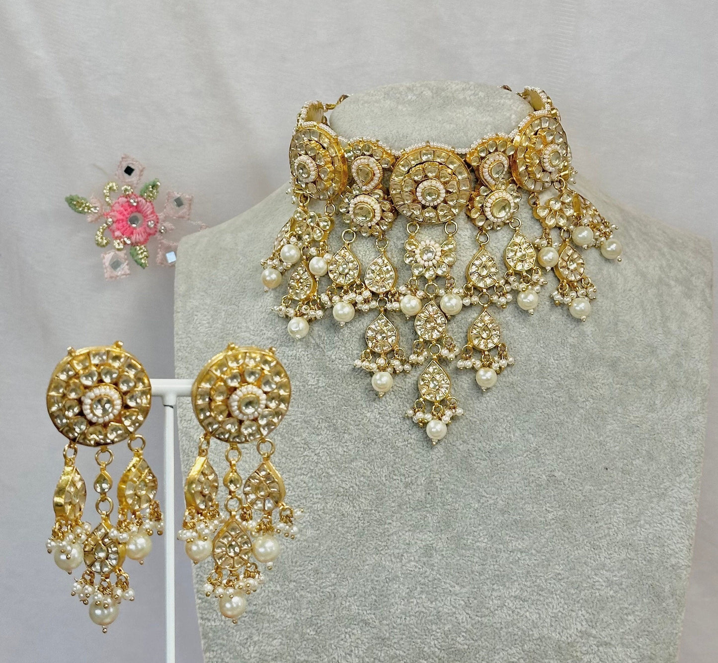 Faux Kundan with Earrings/ Unique Style/ Indian/ Pakistani/Fashion Jewellery/ Gift for Women