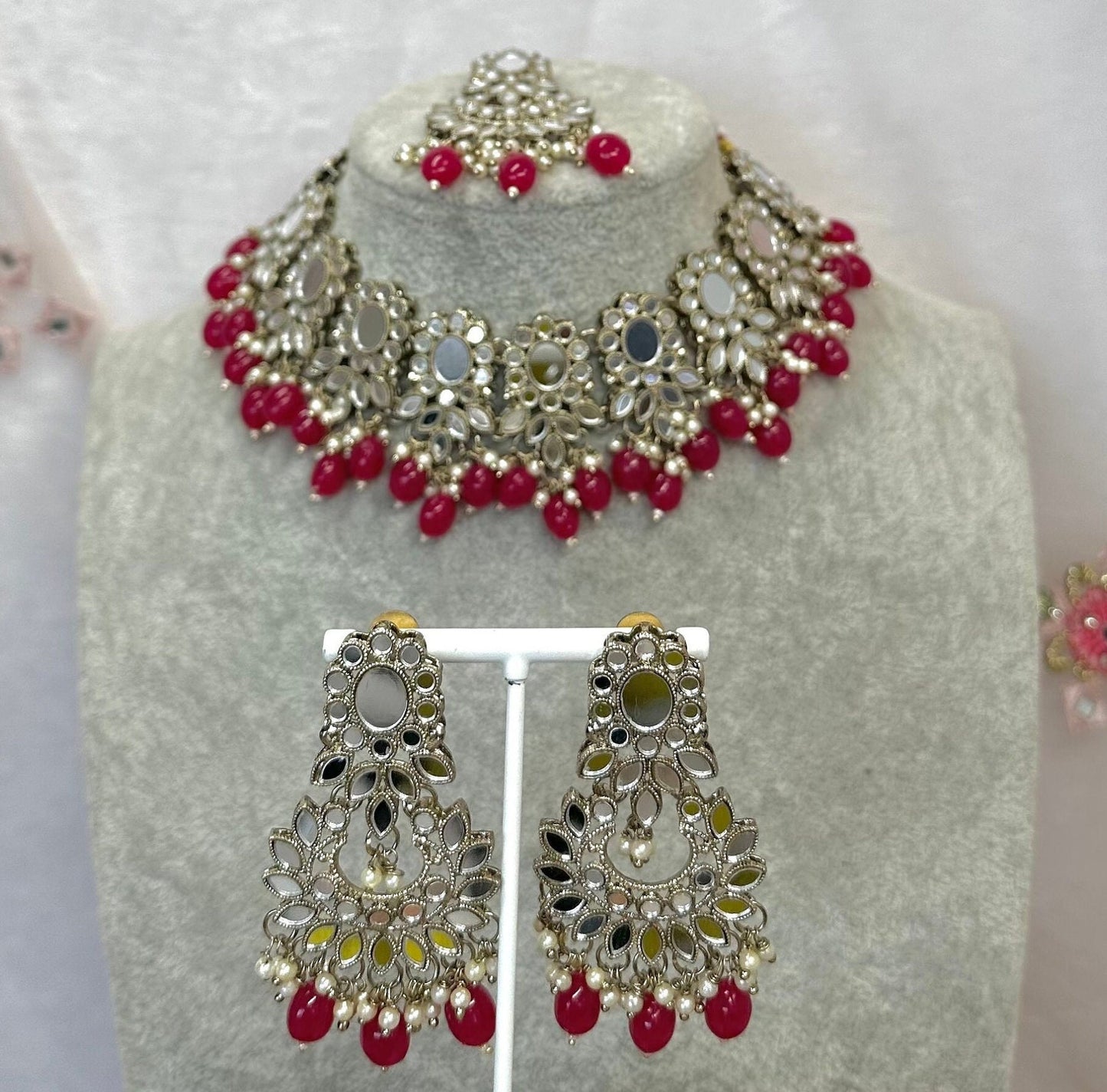 Mirror Necklace Set - Ruby Earring/ Tikka/ Tikli/ Indian/ Pakistani/Fashion Jewellery/ Gift for Women