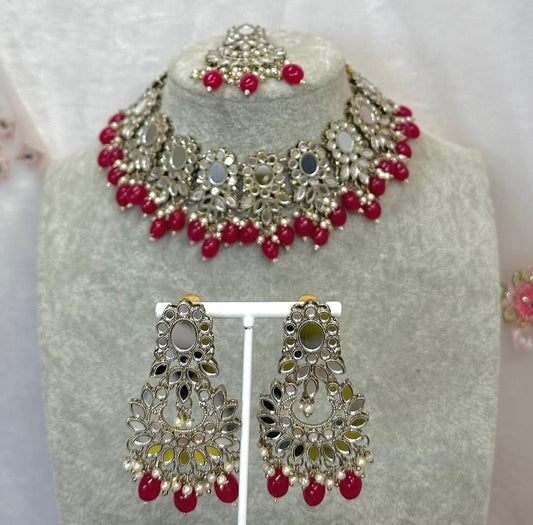 Mirror Necklace Set - Ruby Earring/ Tikka/ Tikli/ Indian/ Pakistani/Fashion Jewellery/ Gift for Women