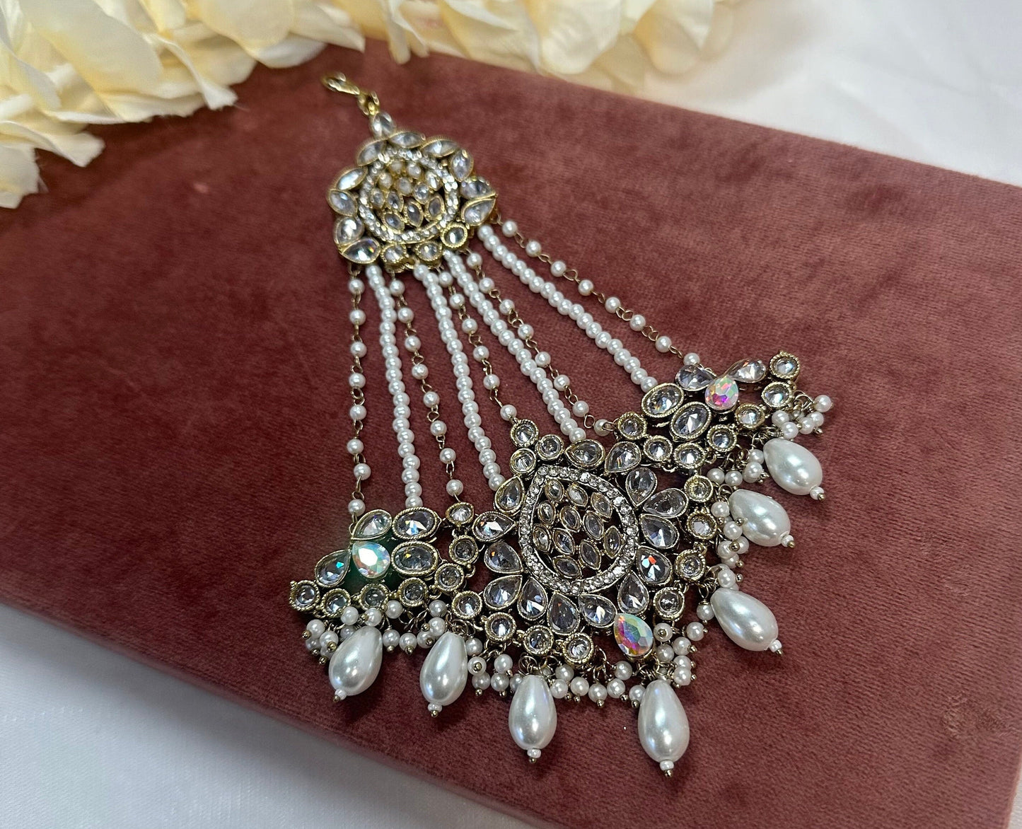 Antique Gold Jhumar -Irredescent/ Clear stones