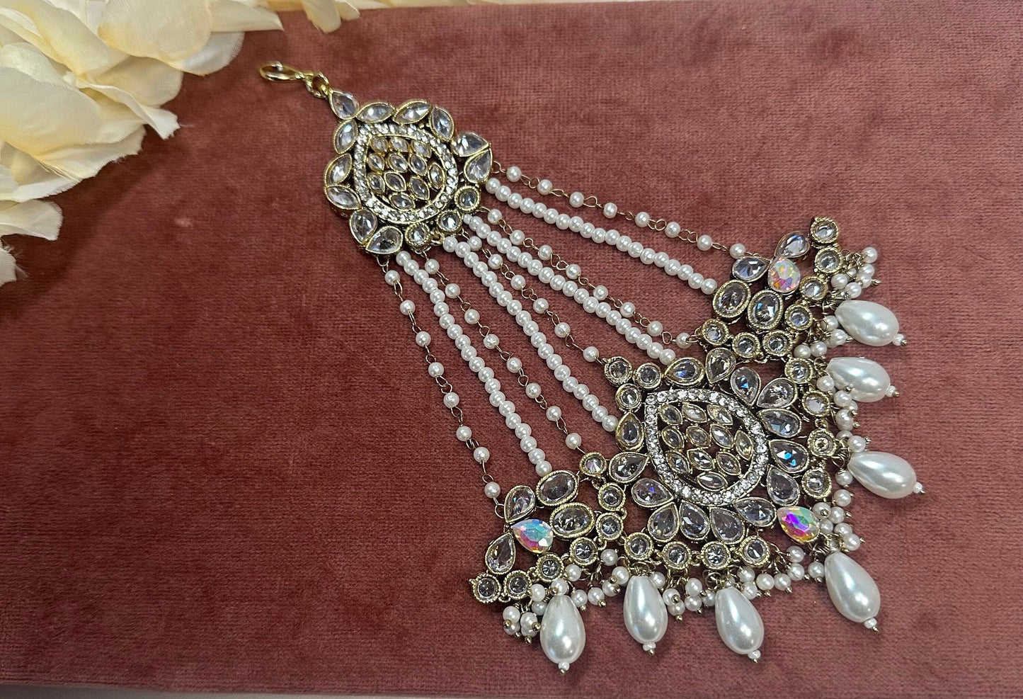 Antique Gold Jhumar -Irredescent/ Clear stones