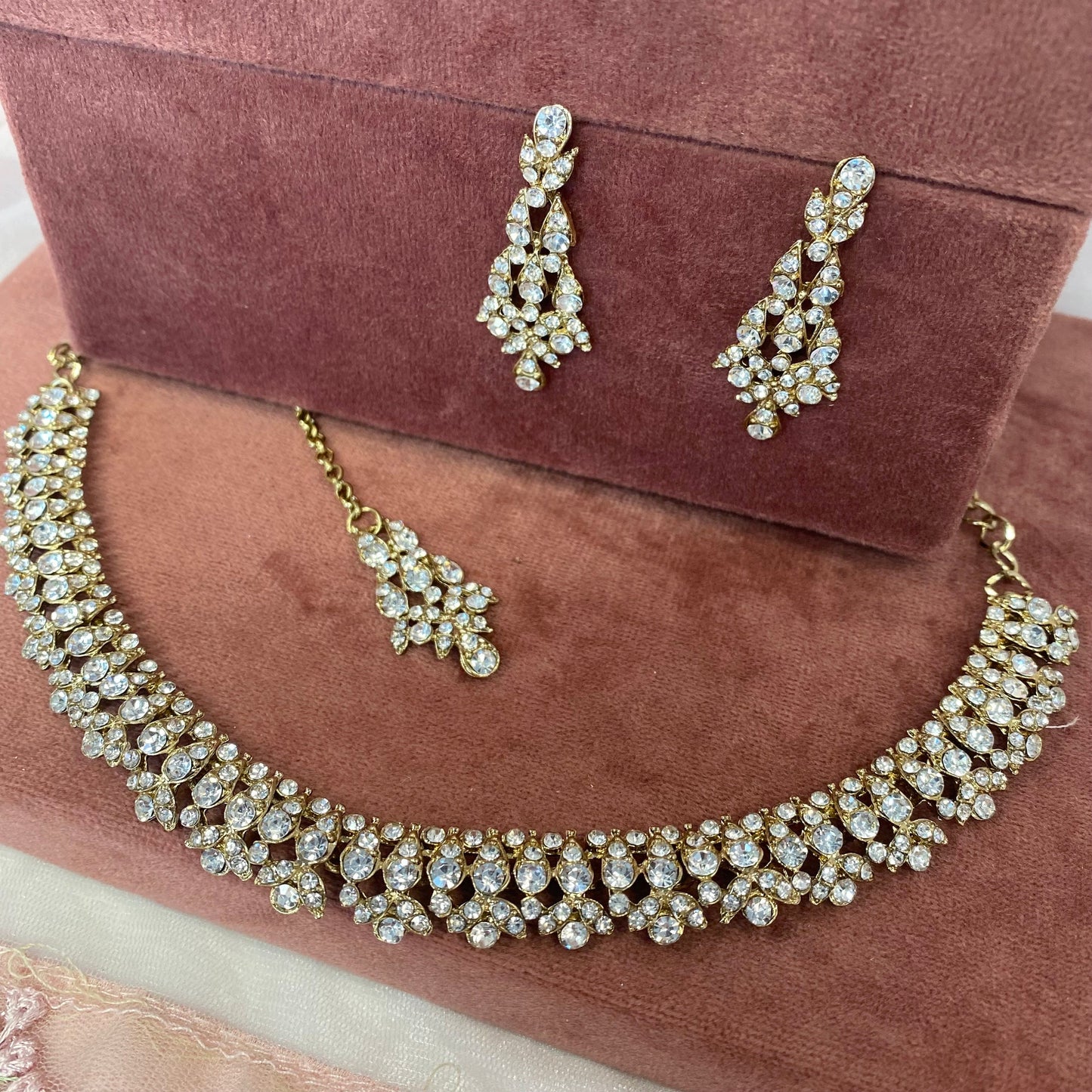 Stunning Necklace Set - Antique Gold and Silver/ Clear/ Reception/ Wedding/ Civil/Simple Set