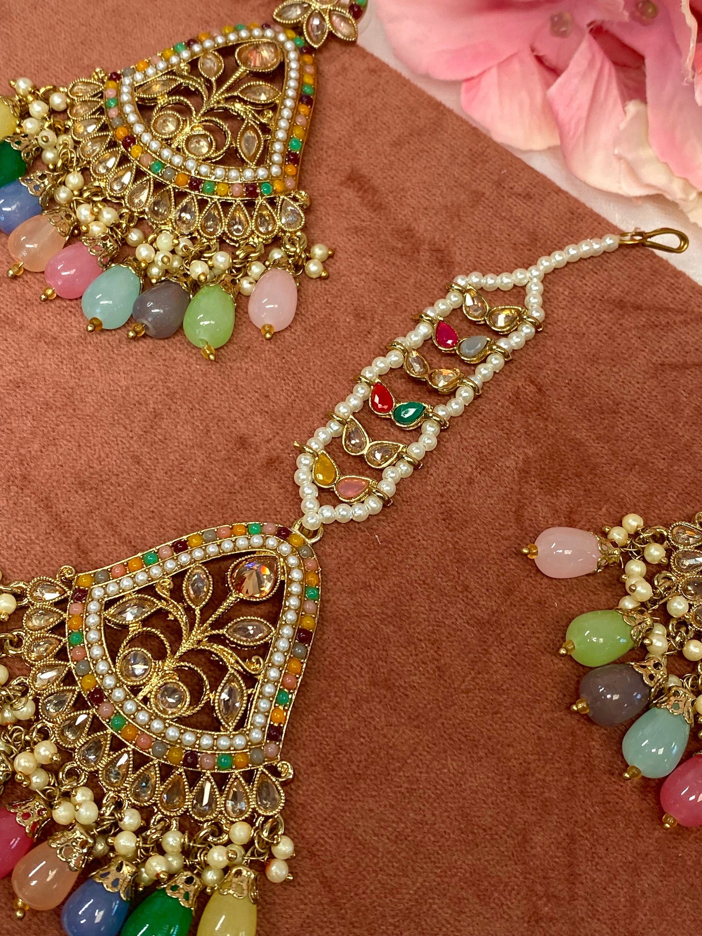 Large Earring and Tikka Set- Multicolour/Flat Earring Indian/ Pakistani Style