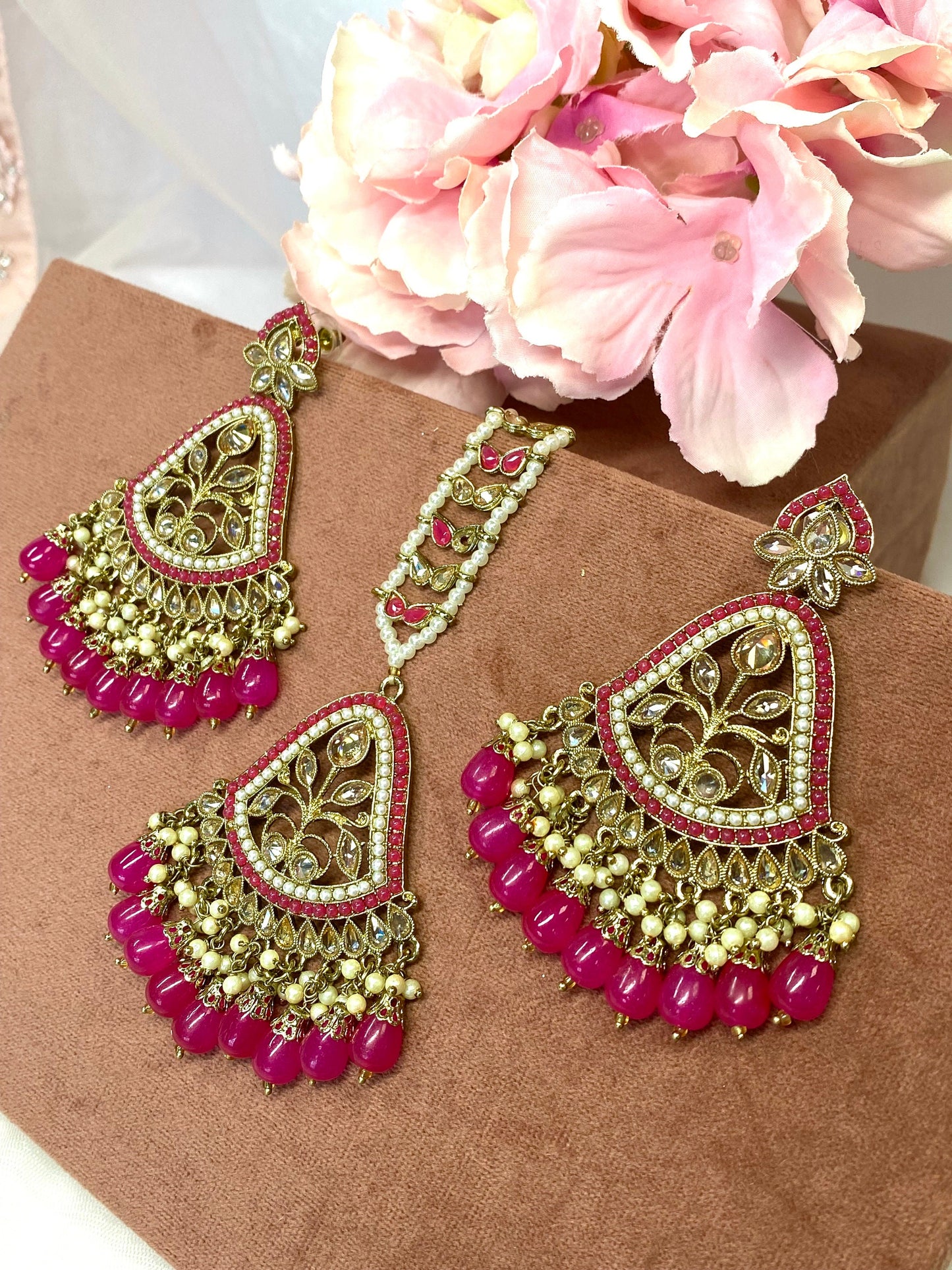 Large Earring and Tikka Set- Fushsia/Flat Earring Indian/ Pakistani Style