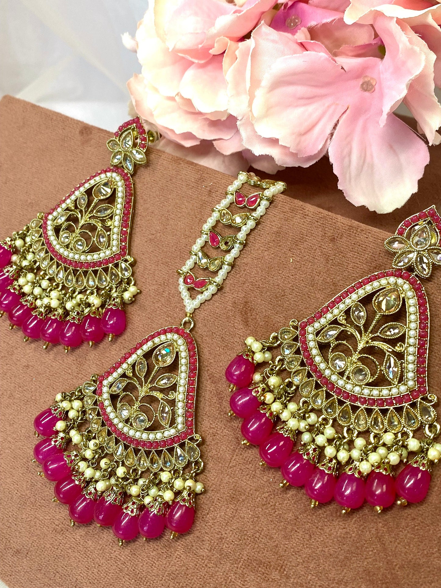 Large Earring and Tikka Set- Fushsia/Flat Earring Indian/ Pakistani Style